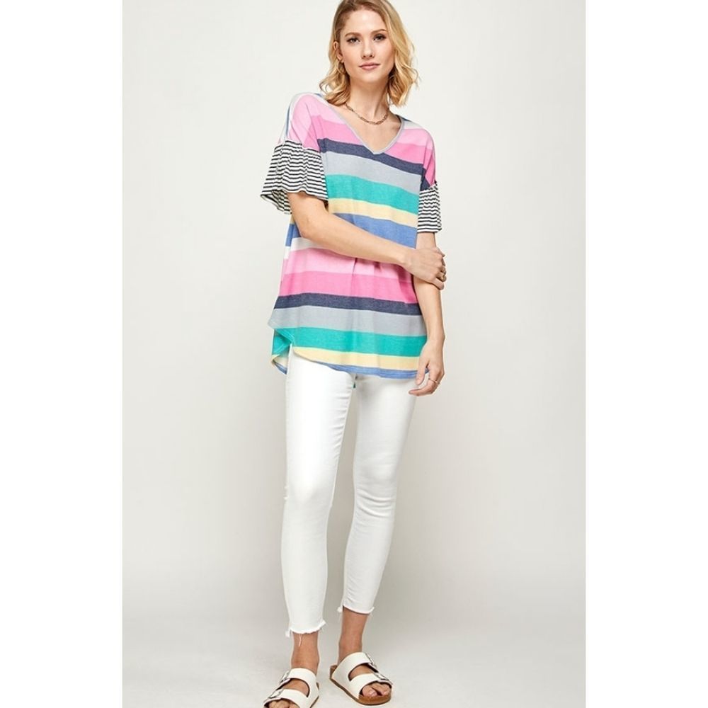 Pink Multi-Stripe Round Bottom Raffle Sleeve Top - Picture 5 of 6